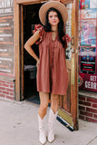 LC6118931-P303-S, LC6118931-P303-M, LC6118931-P303-L, LC6118931-P303-XL, Mineral Red Ruffle Sleeve V Neck Frilled Shift Dress
