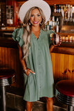 LC6118931-P509-S, LC6118931-P509-M, LC6118931-P509-L, LC6118931-P509-XL, Mist Green Ruffle Sleeve V Neck Frilled Shift Dress