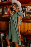 LC6118931-P509-S, LC6118931-P509-M, LC6118931-P509-L, LC6118931-P509-XL, Mist Green Ruffle Sleeve V Neck Frilled Shift Dress