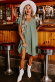 LC6118931-P509-S, LC6118931-P509-M, LC6118931-P509-L, LC6118931-P509-XL, Mist Green Ruffle Sleeve V Neck Frilled Shift Dress
