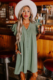 LC6118931-P509-S, LC6118931-P509-M, LC6118931-P509-L, LC6118931-P509-XL, Mist Green Ruffle Sleeve V Neck Frilled Shift Dress