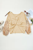 LC25123326-18-S, LC25123326-18-M, LC25123326-18-L, LC25123326-18-XL, LC25123326-18-2XL, Apricot Sequin Patchwork Sleeve Open Back Waffle Knit Top