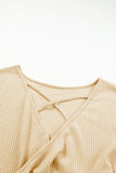 LC25123326-18-S, LC25123326-18-M, LC25123326-18-L, LC25123326-18-XL, LC25123326-18-2XL, Apricot Sequin Patchwork Sleeve Open Back Waffle Knit Top