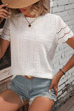 LC25223506-P101-S, LC25223506-P101-M, LC25223506-P101-L, LC25223506-P101-XL, White Eyelet Embroidery Scalloped Short Sleeve Top