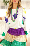 LC25125870-P1-S, LC25125870-P1-M, LC25125870-P1-L, LC25125870-P1-XL, White Mardi Gras Star Printed Long Sleeve Top