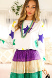 LC25125870-P1-S, LC25125870-P1-M, LC25125870-P1-L, LC25125870-P1-XL, White Mardi Gras Star Printed Long Sleeve Top