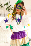 LC25125870-P1-S, LC25125870-P1-M, LC25125870-P1-L, LC25125870-P1-XL, White Mardi Gras Star Printed Long Sleeve Top