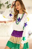 LC25125870-P1-S, LC25125870-P1-M, LC25125870-P1-L, LC25125870-P1-XL, White Mardi Gras Star Printed Long Sleeve Top