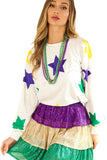 LC25125870-P1-S, LC25125870-P1-M, LC25125870-P1-L, LC25125870-P1-XL, White Mardi Gras Star Printed Long Sleeve Top