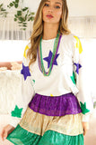 LC25125870-P1-S, LC25125870-P1-M, LC25125870-P1-L, LC25125870-P1-XL, White Mardi Gras Star Printed Long Sleeve Top