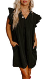 LC6118931-P2-S, LC6118931-P2-M, LC6118931-P2-L, LC6118931-P2-XL, Black Ruffle Sleeve V Neck Frilled Shift Dress