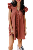 LC6118931-P303-S, LC6118931-P303-M, LC6118931-P303-L, LC6118931-P303-XL, Mineral Red Ruffle Sleeve V Neck Frilled Shift Dress