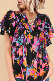 Womens Casual V Neck Boho Floral Blouses Ruffle Pleated Flowy Tunic Tops