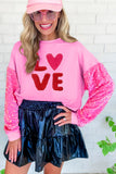 LC25126468-P10-S, LC25126468-P10-M, LC25126468-P10-L, LC25126468-P10-XL, Pink Valentines LOVE Chenille Embroidered Sequin Sleeve Top