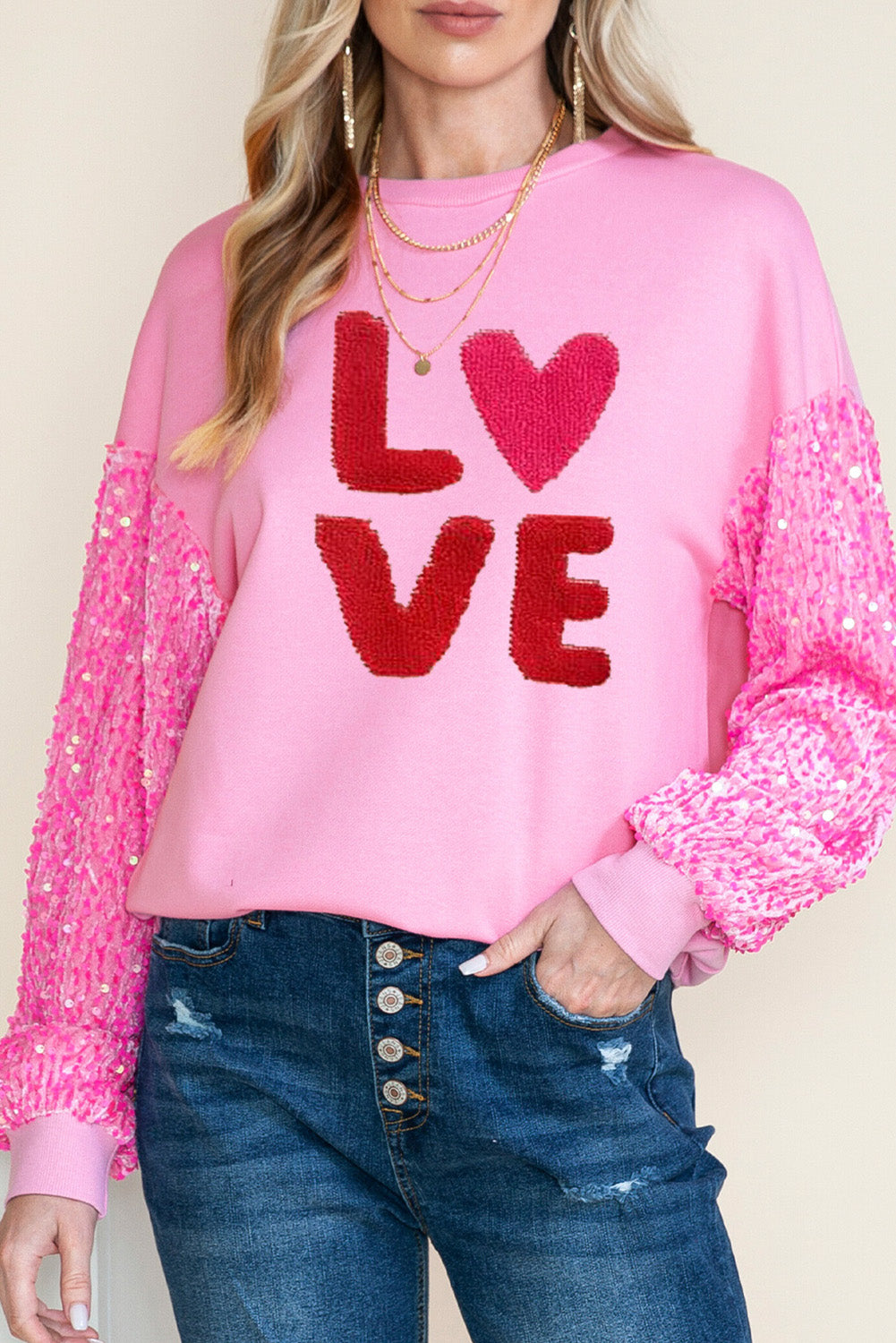 LC25126468-P10-S, LC25126468-P10-M, LC25126468-P10-L, LC25126468-P10-XL, Pink Valentines LOVE Chenille Embroidered Sequin Sleeve Top