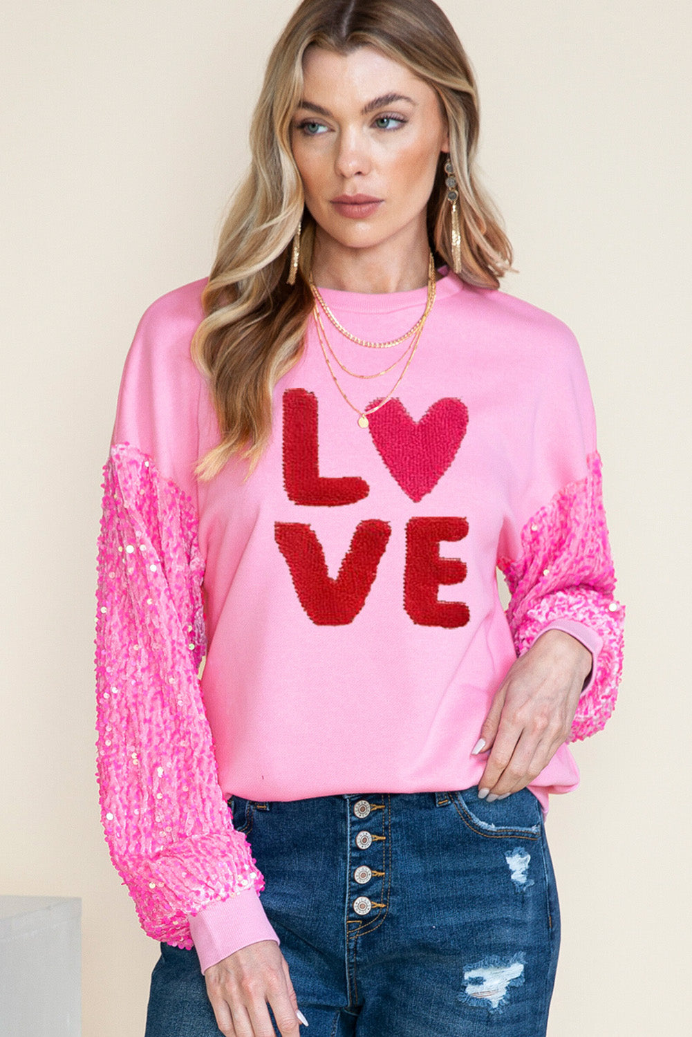 LC25126468-P10-S, LC25126468-P10-M, LC25126468-P10-L, LC25126468-P10-XL, Pink Valentines LOVE Chenille Embroidered Sequin Sleeve Top