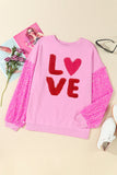 LC25126468-P10-S, LC25126468-P10-M, LC25126468-P10-L, LC25126468-P10-XL, Pink Valentines LOVE Chenille Embroidered Sequin Sleeve Top