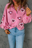 Womens Long Sleeve Blouse Sequin Heart Snap Buttons Collared Sweatshirt