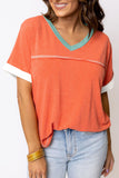 Women's Orange Contrast Trim Exposed Seam V Neck T-shirt