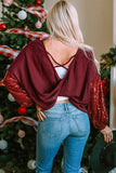 LC25123326-P503-S, LC25123326-P503-M, LC25123326-P503-L, LC25123326-P503-XL, LC25123326-P503-2XL, Burgundy Sequin Patchwork Sleeve Open Back Waffle Knit Top