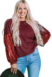 LC25123326-P503-S, LC25123326-P503-M, LC25123326-P503-L, LC25123326-P503-XL, LC25123326-P503-2XL, Burgundy Sequin Patchwork Sleeve Open Back Waffle Knit Top
