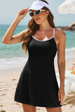 LC443748-P2-S, LC443748-P2-M, LC443748-P2-L, LC443748-P2-XL, LC443748-P2-2XL, Black Sporty Ribbed Spaghetti Straps One Piece Swimdress