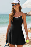 LC443748-P2-S, LC443748-P2-M, LC443748-P2-L, LC443748-P2-XL, LC443748-P2-2XL, Black Sporty Ribbed Spaghetti Straps One Piece Swimdress