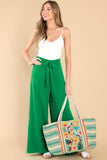 LC7712561-P109-S, LC7712561-P109-M, LC7712561-P109-L, LC7712561-P109-XL, Bright Green High Waist Loops Belted Wide Leg Pants 