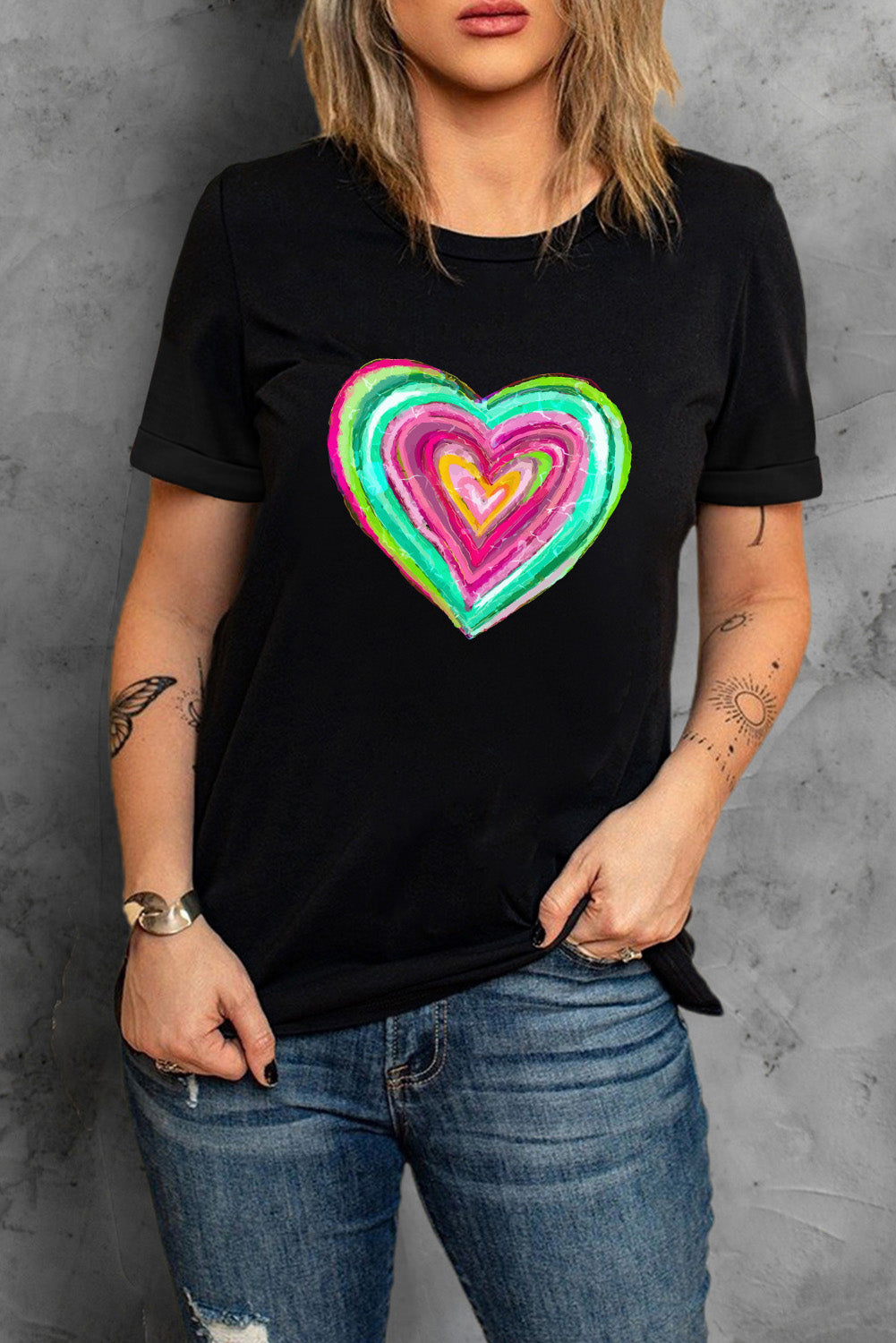LC25224028-2-S, LC25224028-2-M, LC25224028-2-L, LC25224028-2-XL, LC25224028-2-2XL, Black Valentines Day Shirts Heart Shaped Print Crew Neck T Shirt