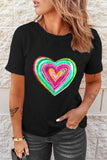 LC25224028-2-S, LC25224028-2-M, LC25224028-2-L, LC25224028-2-XL, LC25224028-2-2XL, Black Valentines Day Shirts Heart Shaped Print Crew Neck T Shirt