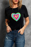 LC25224028-2-S, LC25224028-2-M, LC25224028-2-L, LC25224028-2-XL, LC25224028-2-2XL, Black Valentines Day Shirts Heart Shaped Print Crew Neck T Shirt
