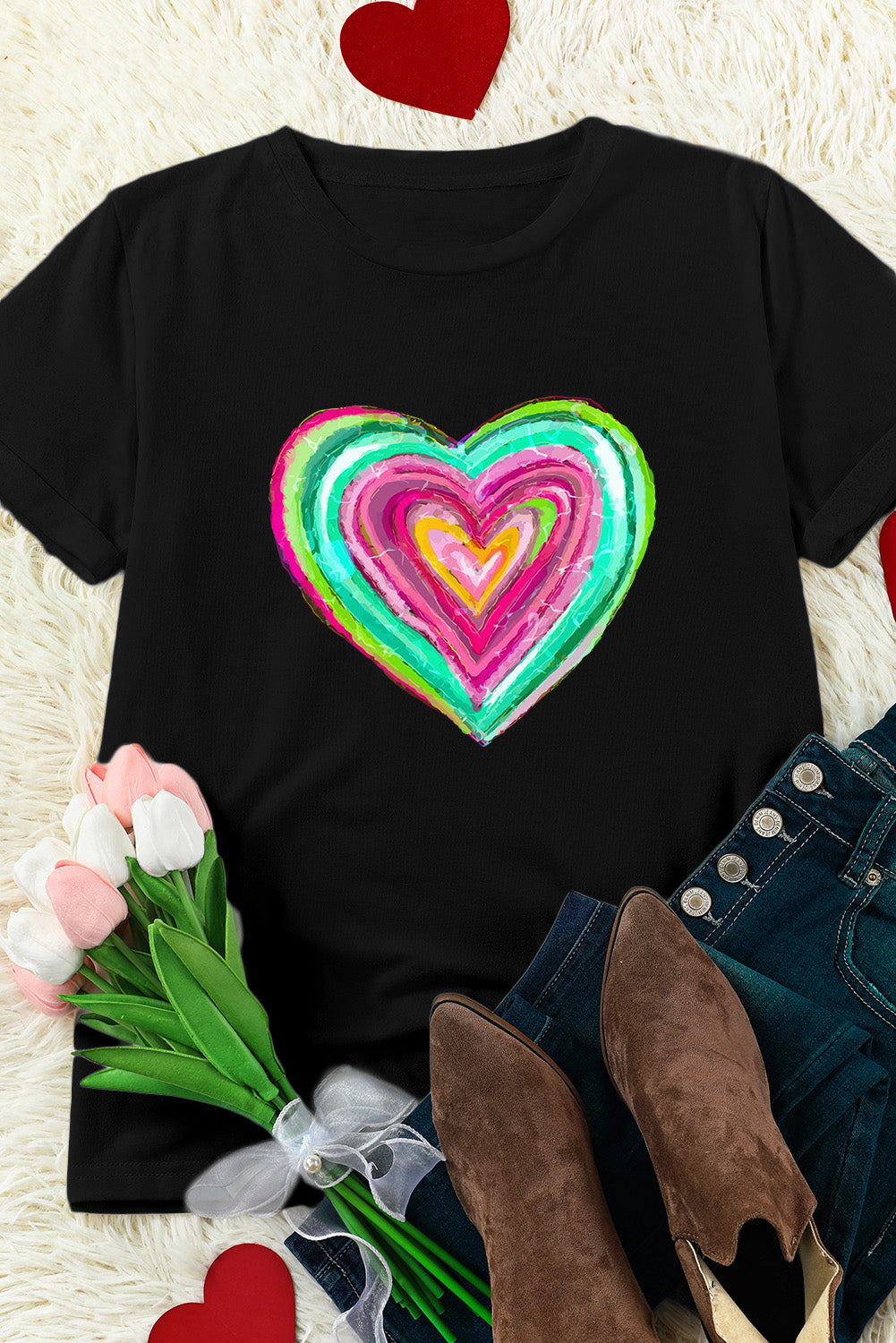 LC25224028-2-S, LC25224028-2-M, LC25224028-2-L, LC25224028-2-XL, LC25224028-2-2XL, Black Valentines Day Shirts Heart Shaped Print Crew Neck T Shirt