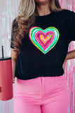 LC25224028-2-S, LC25224028-2-M, LC25224028-2-L, LC25224028-2-XL, LC25224028-2-2XL, Black Valentines Day Shirts Heart Shaped Print Crew Neck T Shirt