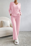 LC625308-P1010-S, LC625308-P1010-M, LC625308-P1010-L, LC625308-P1010-XL, Light Pink Ribbed Knit V Neck Slouchy Two-piece Outfit