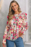 LC25123528-1-S, LC25123528-1-M, LC25123528-1-L, LC25123528-1-XL, LC25123528-1-2XL, White Floral Printed Ruffle Trim Long Sleeve Blouse