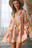 LC6118198-P22-S, LC6118198-P22-M, LC6118198-P22-L, LC6118198-P22-XL, Multicolour Split Neck Puff Sleeve Flowy Printed Dress