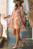 LC6118198-P22-S, LC6118198-P22-M, LC6118198-P22-L, LC6118198-P22-XL, Multicolour Split Neck Puff Sleeve Flowy Printed Dress