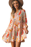 LC6118198-P22-S, LC6118198-P22-M, LC6118198-P22-L, LC6118198-P22-XL, Multicolour Split Neck Puff Sleeve Flowy Printed Dress