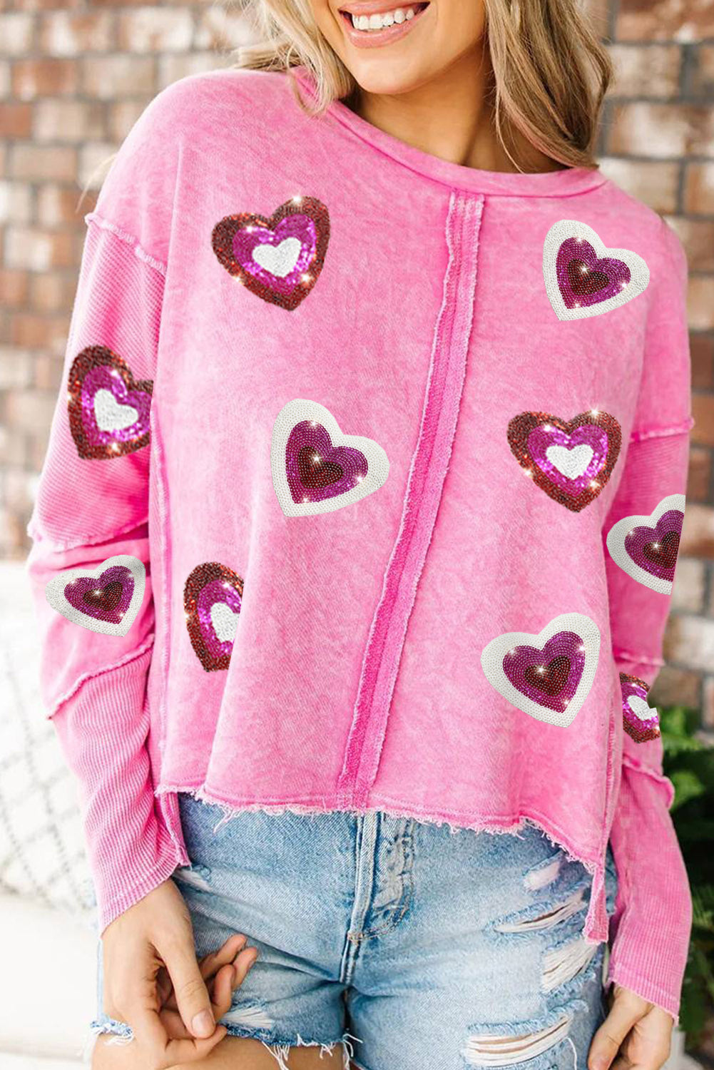 LC25317060-6-S, LC25317060-6-M, LC25317060-6-L, LC25317060-6-XL, LC25317060-6-2XL, Rose Valentines Day Sweatshirt Sequin Heart Shaped Long Sleeve Tops