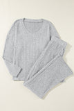 LC625308-P1011-S, LC625308-P1011-M, LC625308-P1011-L, LC625308-P1011-XL, Light Grey Ribbed Knit V Neck Slouchy Two-piece Outfit