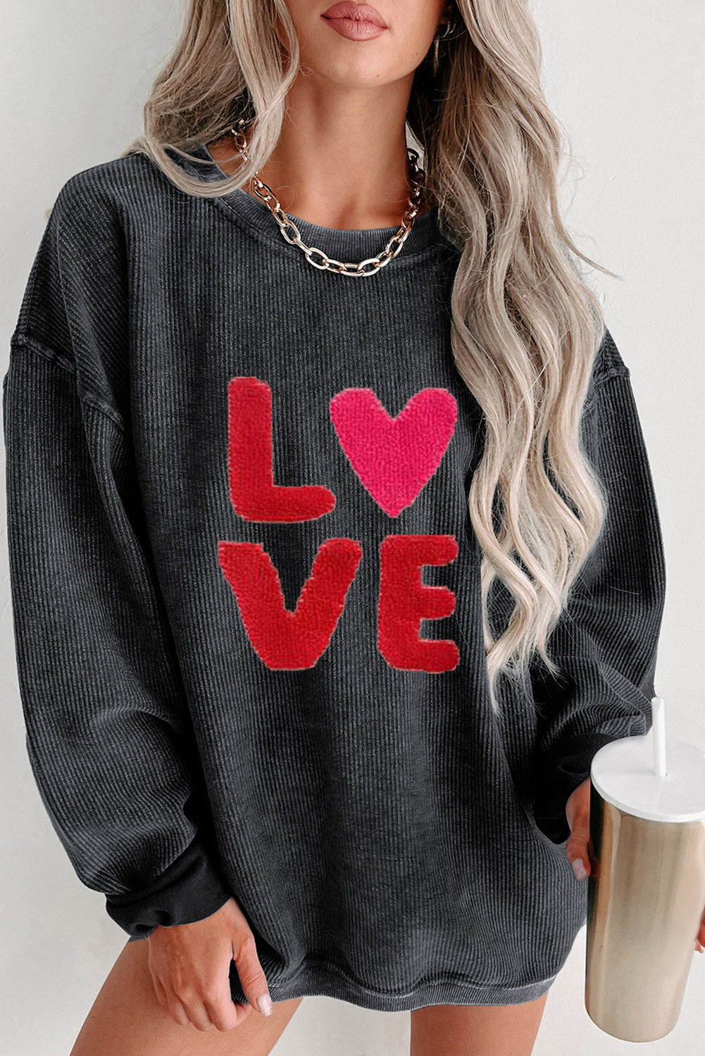 LC25316911-2-S, LC25316911-2-M, LC25316911-2-L, LC25316911-2-XL, LC25316911-2-2XL, Black Love Sweatshirt Women Valentine's Day Embroidered Long Sleeve Corded Tops