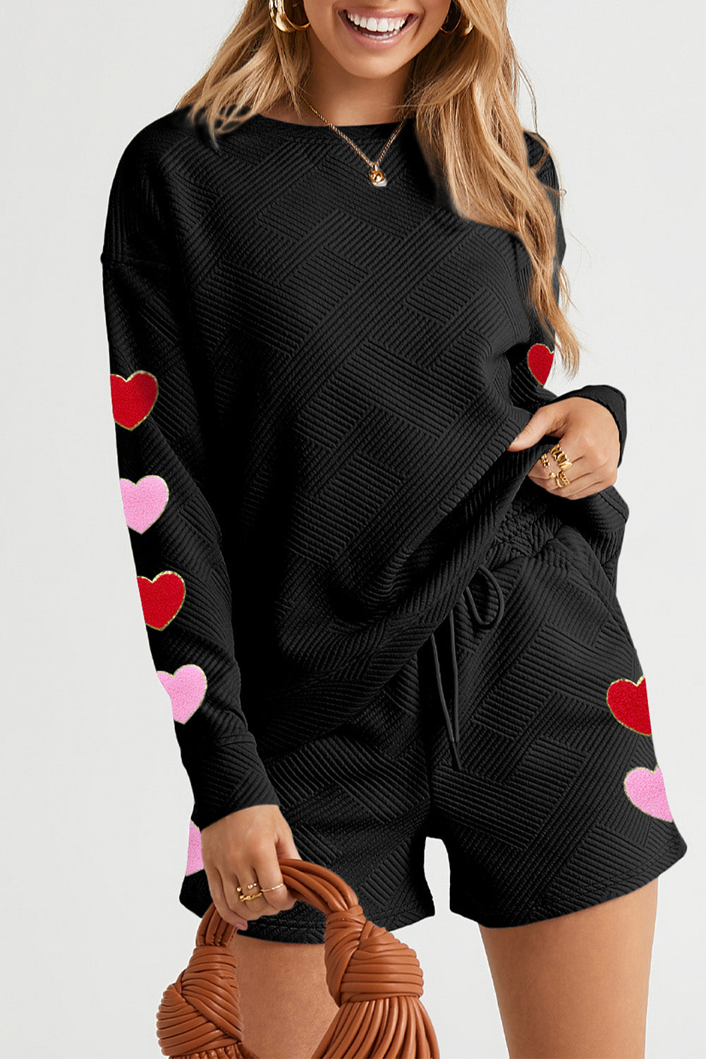 LC625823-2-S, LC625823-2-M, LC625823-2-L, LC625823-2-XL, LC625823-2-2XL, Black Heart Chenille Patch Long Sleeve Top and Shorts Textured 2pcs Set