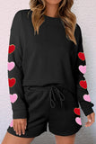 LC625823-2-S, LC625823-2-M, LC625823-2-L, LC625823-2-XL, LC625823-2-2XL, Black Heart Chenille Patch Long Sleeve Top and Shorts Textured 2pcs Set