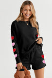 LC625823-2-S, LC625823-2-M, LC625823-2-L, LC625823-2-XL, LC625823-2-2XL, Black Heart Chenille Patch Long Sleeve Top and Shorts Textured 2pcs Set