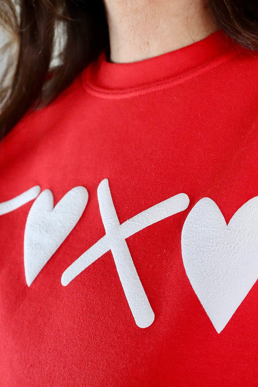 LC25317086-103-S, LC25317086-103-M, LC25317086-103-L, LC25317086-103-XL, LC25317086-103-2XL, Red Women Valentines Day Shirt Puff XOXO Print Long Sleeve Heart Sweatshirt