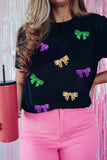 Women's Mardi Gras Sequin Bow Knot Crew Neck T Shirt