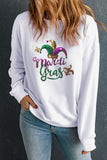 LC25317103-1-S, LC25317103-1-M, LC25317103-1-L, LC25317103-1-XL, LC25317103-1-2XL, White Mardi Gras Sequined Pattern Drop Shoulder Sweatshirt