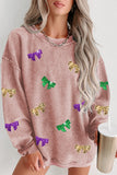 Women's Mardi Gras Sequin Bow Knot Drop Shoulder Corded Sweatshirt