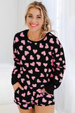 LC15803-P220-S, LC15803-P220-M, LC15803-P220-L, LC15803-P220-XL, Black Valentine Heart Shape Print Long Sleeve Top Shorts Lounge Set