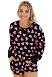 LC15803-P220-S, LC15803-P220-M, LC15803-P220-L, LC15803-P220-XL, Black Valentine Heart Shape Print Long Sleeve Top Shorts Lounge Set